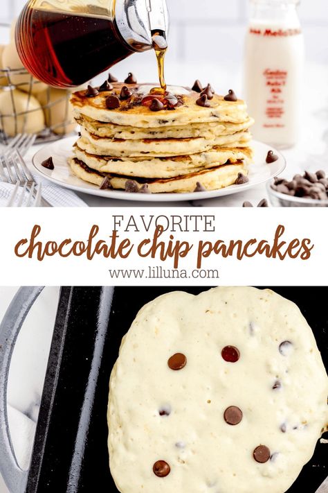 Deliciously fluffy chocolate chip pancakes are perfect for even the biggest kid. Whip them up for breakfast or dessert! #chocolatechippancakes #chocolatechip #pancakes #breakfast #easybreakfast Chocolate Chip Pancake Recipe, Chocolate Chip Pancake, Buttermilk Syrup, Pancakes Breakfast, Chocolate Chip Pancakes, Pancake Batter, Pancake Recipe, Easy Breakfast, Macadamia