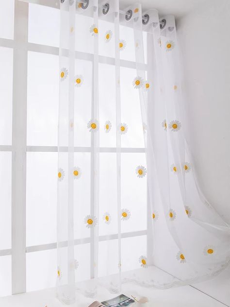 Sunflower Curtains, Fabric Daisy, Curtain White, Bedroom Decorations, Curtains For Living Room, Chic Bedroom, Home Textiles, House Interior Decor, Curtain Decor