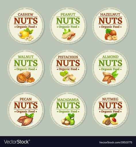 Set of nuts labels with round vector image Logo Packaging Design, Nuts Gift, Vintage Frames Vector, Almond Nut, Food Logo Design, Dry Fruit, Labels Printables Free, Food Business, Dry Fruits