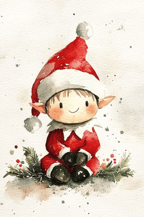 Whimsical Santa Art, Christmas Mini Paintings, Elf Watercolor, Christmas Watercolor Ideas, Cute Christmas Illustration, Christmas Art Ideas, Christmas Watercolor Painting, Easy Watercolor Ideas, Santa Watercolor