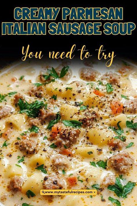 Slow Cooker Sausage Soup Recipes, Soup With Roast Meat, Recipes For Ground Sausage Dinners, Delicious Crockpot Soups, Creamy Italian Sausage Parmesan Soup, Ground Sausage Recipes Soup, Dinner Recipe With Sausage, Creamy Italian Parmesan Soup, Sausage Soup Olive Garden