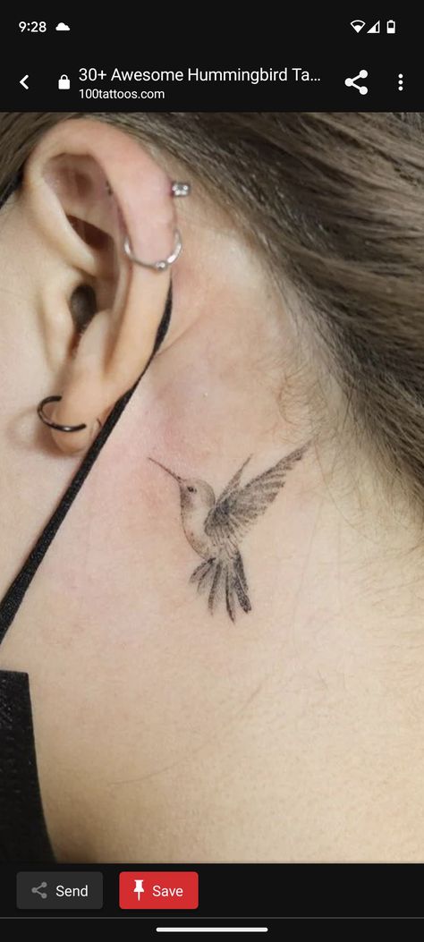 Hummingbird Arrow Tattoo, Small Colibri Tattoo, Hummingbird Tattoo Back Of Neck, Behind The Ear Hummingbird Tattoo, Hummingbird Tattoo Ear, Hummingbird Tattoo Neck, Hummingbird Tattoo Placement Ideas, Cute Hummingbird Tattoo, Hummingbird Neck Tattoo