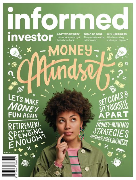 Hand drawn lettering and design for the cover of the 'Money Mindset' issue of Informed Investor magazine by Mark Glover. Typography Book Cover, 4 Day Work Week, Money Poster, Typography Book, Attention Seekers, Hand Drawn Lettering, Finance Books, Linkedin Profile, Property Marketing