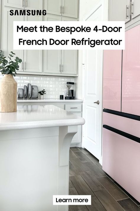 Pink Bespoke Fridge, Pink Refrigerator Kitchen, Bespoke Refrigerator, Pink Kitchen Appliances, Pink Refrigerator, Samsung Pink, Pink Fridge, Samsung Fridge, Fridge French Door