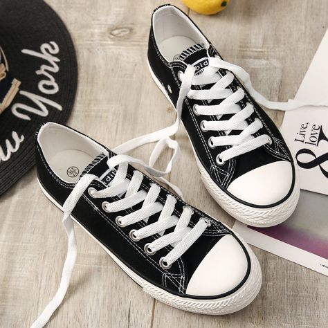 Canvas Shoes Outfit, Shoes For College, Couple Sneakers, Black Canvas Shoes, Korean Shoes, Canvas Sneakers Womens, Shoes For School, Trendy Shoes Sneakers, Girls Shoes Sneakers