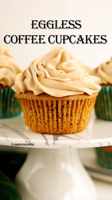 These Coffee Cupcakes are tender, moist, fluffy, and have perfect and delicious coffee flavor. They are eggless, buttery, have soft crumbs, and are topped with light coffee whipped cream frosting! Eggless Cupcakes Recipes, Chai Cupcake Recipe, Vegan Cupcake Recipe, Chocolate Coffee Cupcakes, Cupcakes Eggless, Eggless Cupcakes, Eggless Muffins, Coffee Whipped Cream, Vegan Cupcake Recipes