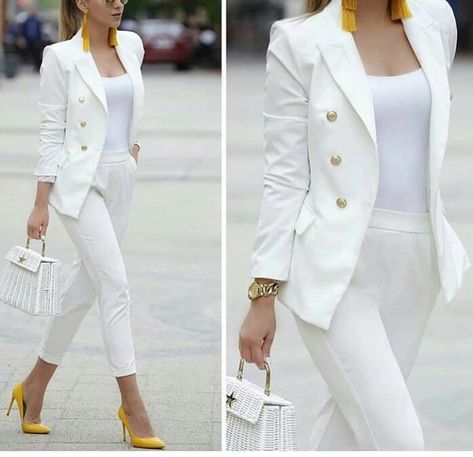 Zara Basic Top, Yellow Pumps, White Suit, בר מצווה, Woman Suit Fashion, Elegante Casual, Classy Work Outfits, Yellow Shoes, Casual Work Outfits