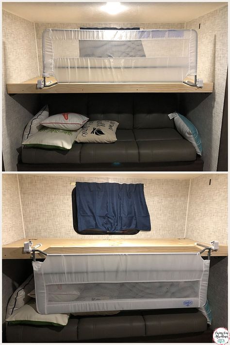 How to Baby Proof a Camper Bunk - Living Our Adventures Rv Bunk Bed Railing Ideas, Rv Bunk Railing, Camper Bunk Rail, Bed Rail For Camper Bunk, Trailer Bunk Bed Rail, Camper Bunk Bed Rails, Rv Bunk Bed Rails, Bunk Bed Railing Ideas, Camper Bunk Bed Ideas