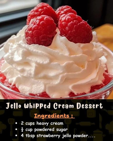 Ingredients: 2 cups heavy cream ½ cup powdered sugar 4 tablespoons strawberry jello powder... Jello Cream Cheese Dessert Cool Whip, Jello Whipped Cream Dessert, Jello Cream Cheese Dessert, Dessert Cool Whip, Jello Whipped Cream, Jello Cream Cheese, Boston Cream Pie Cupcakes, Cool Whip Frosting, Jello Flavors