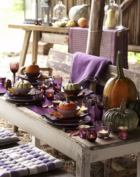 Rustic-Styled Outdoor Thanksgiving Table ...purple ! #Anthropologie #PinToWin Outdoor Thanksgiving Table, Coastal Thanksgiving, Thanksgiving Table Settings Rustic, Thanksgiving Table Settings Centerpieces, Turkey Carving, Thanksgiving Decorations Outdoor, Centerpiece Inspiration, Outdoor Thanksgiving, Coastal Table