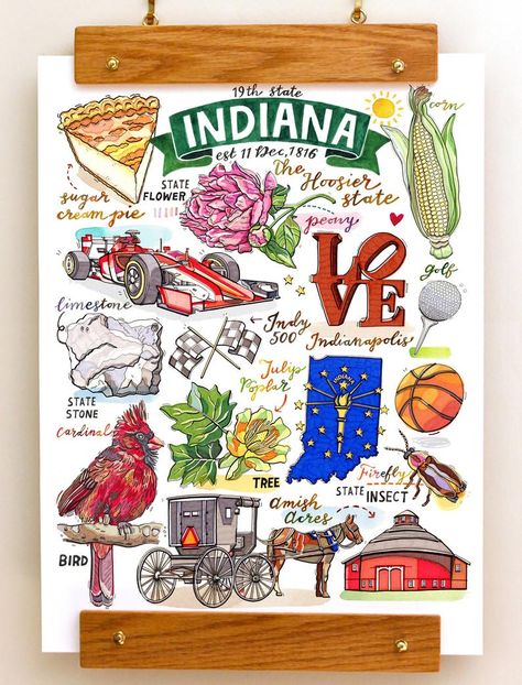 Venice Scrapbook, Wide Landscape, Travel Art Journal, State Symbols, Virginia State, Old Dominion, Indiana State, Print Illustration, Marker Drawing