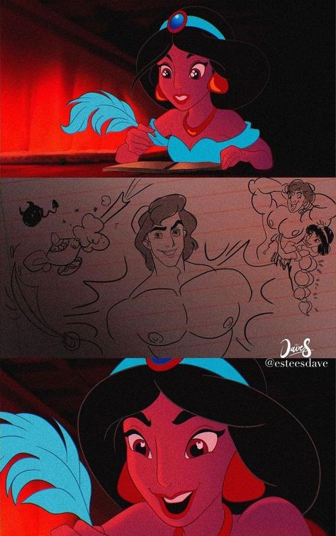 Jasmine (x3) [feat. Aladdin (x2)] (Drawing by EsteesDave @Instagram) #Aladdin Aladdin Art, Prince Ali, Disney Princess Artwork, Dark Disney, Disney Crossovers, Funny Disney Jokes, Disney Jokes, Disney Princess Pictures, Pinturas Disney