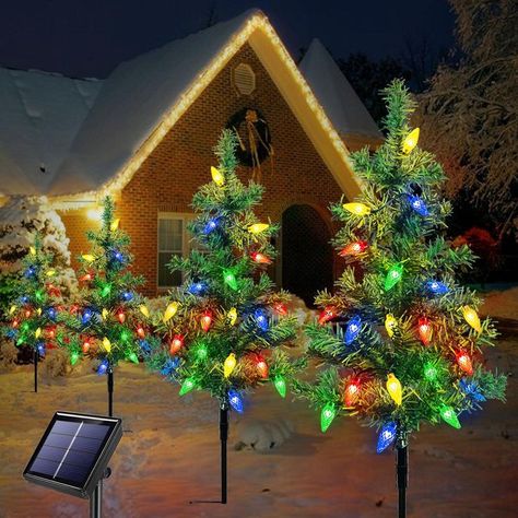 Upgraded Set of 4pcs Solar Christmas Tree Lights Outdoor Decorations, with 80 LEDs Solar Christmas C6 Strawberry String Lights for Outside Yard,Patio,Garden,Grave,Cemetery Xmas Ornaments(Multicolor) Solar Christmas Decorations, Christmas Tree Yard, Solar Christmas Tree, Christmas Pathway Lights, Outdoor Tree Lighting, Christmas Garden Decorations, Panel Solar, Garden Christmas, Xmas Lights