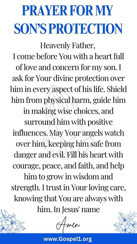 Discover heartfelt prayers to safeguard your son's well-being, success, and future. Find peace and comfort in these powerful words. #mothersprayer #sonsprayer #prayerforprotection #faith #christianliving Prayer For Adult Son, Prayer For Son Protection, Prayer For My Son Mental Health, Prayer For My Son Protection, Prayer For Safety And Protection, Spiritual Scriptures, Prayers For My Son, Spiritual Fast, Prayer Family