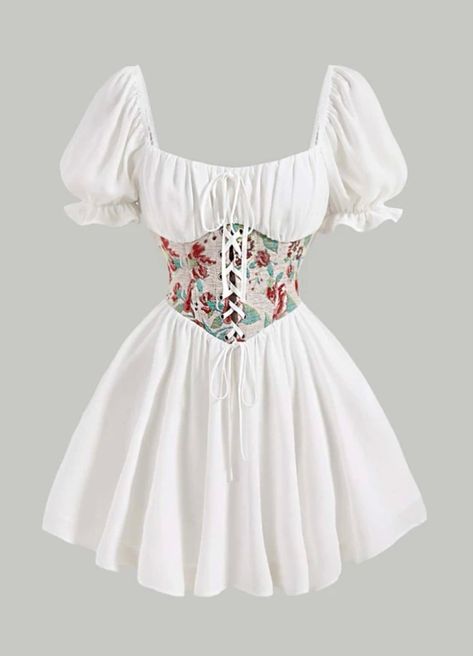 Clothes I Want, White Floral Print Dress, Cute Dress Outfits, Dress Aesthetic, Fabric Floral, Puffed Sleeves Dress, Fashion Design Clothes, Really Cute Outfits, Corset Dress