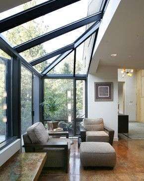 modern-glass-extension Modern Conservatory, Small Sunroom, Conservatory Design, Garden Room Extensions, Sunroom Addition, Concrete Stained Floors, Room Extensions, Glass Extension, Sunroom Designs