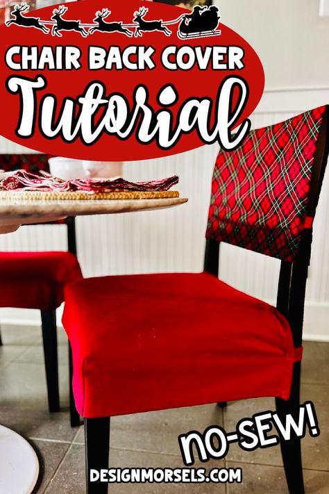 Super fun Christmas chair back cover tutorial! Simple DIY holiday project to make at home. Diy Chair Back Covers, Cover For Dining Chairs, Diy Seat Covers For Chairs, Diy Chair Cushion Covers, Christmas Chair Decorations Diy, Dining Chair Covers Diy, Diy Chair Covers No Sew, How To Cover A Chair With Fabric No Sew, How To Make Dining Chair Seat Covers