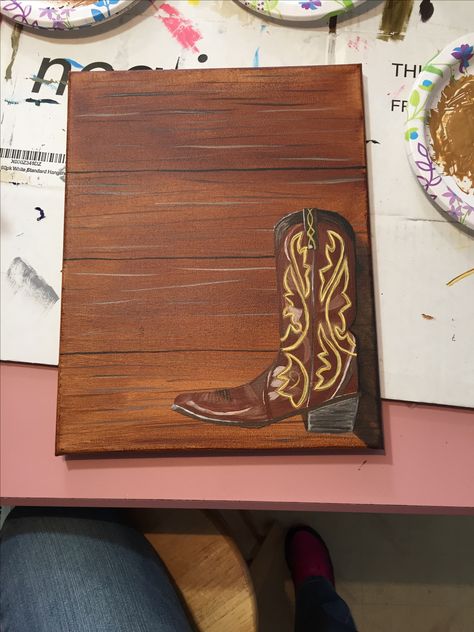 Painting Of Cowboy Boots, Country Themed Paintings, Pretty Canvas Painting Ideas Easy, Cowboy Acrylic Painting, Western Paintings Ideas, Cowboy Boot Painting On Canvas, Country Painting Ideas On Canvas, Cowboy Paintings Easy, Western Acrylic Painting