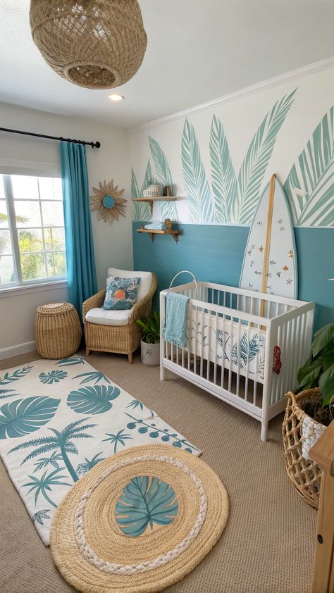 Disney Nursery Ideas Beach Nursery Theme, Bright Nursery Ideas, Hawaii Nursery, Beachy Nursery, Disney Nursery Ideas, Hawaiian Nursery, Beach Theme Nursery, Adventure Room, Coastal Nursery