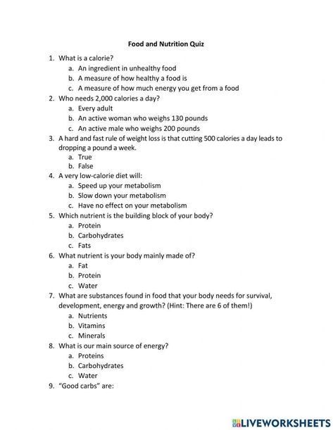 Food and Nutrition Quiz interactive worksheet Very Low Calorie Diet, 500 Calories A Day, Food And Nutrition, Quiz Questions, State School, 500 Calories, Calories A Day, Unhealthy Food, School Subjects