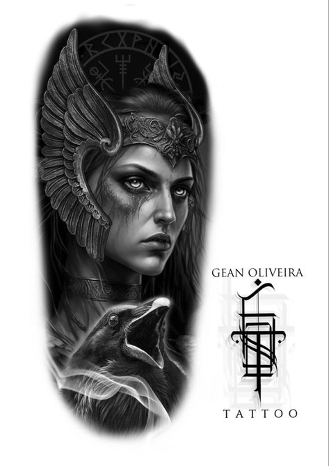 Tattoo Goddesses, Biomechanical Tattoo Design, Athena Tattoo, Viking Warrior Tattoos, Female Warrior Tattoo, Norse Mythology Tattoo, Valkyrie Tattoo, Viking Tattoo Sleeve, Wolf Tattoo Sleeve