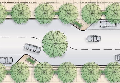 traffic calming, landscape architecture, irrigation, coordination. Plan view rendering of the street with 2 lanes and parallel parking on 2 sides. Enjoy the Green experience, planters. Beautiful! Neighborhood Design Concept, Traffic Calming Design, Traffic Calming Urban Design, Urban Street Design, Traffic Calming, Parking Plan, Landscape Architecture Presentation, Landscape Architecture Park, House Garden Landscape