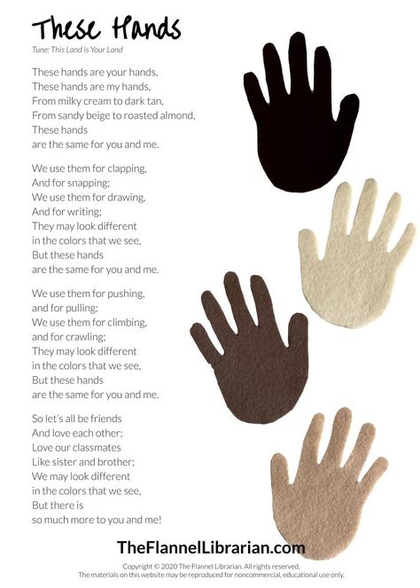 These Hands Song about Diversity and Skin Color for Preschool Circle Time Felt Set for Flannel Board. Watch Song on Youtube. Culture And Diversity Preschool Activities, Harmony Activities For Toddlers, Multicultural Music Activities Preschool, Diversity Math Activities For Preschool, Preschool Inclusion Activities, Diversity Lesson Plans Preschool, Juneteenth For Preschool, Multicultural Songs For Preschool, Diversity For Preschoolers