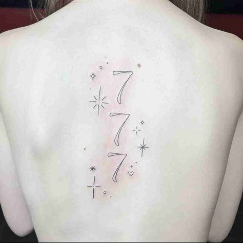 Fineline 777 angel number tattoo by @toothfairytats 777 Spine Tattoo, Angel Number Spine Tattoo, Angel Number Tattoo Designs, 777 Angel Number Tattoo, Angel Number Tattoo Ideas, Number Tattoo Ideas, 777 Angel Number, Angel Number Tattoo, Numerical Patterns