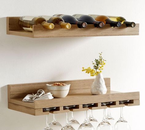 Holman Entertaining Shelves | Pottery Barn Canada Entryway Wall Shelf, Wine Glass Shelf, Wall Shelf With Hooks, Mid Century Furnishings, Wine Shelves, Hanging Shelves, Wine Storage, Kitchen Shelves, Glass Shelves