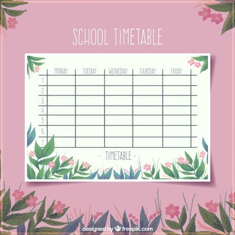 Floral pink school timetable template | Free Vector #Freepik #freevector #calendar #floral #school #hand School Timetable Design Aesthetic, School Timetable Template, Timetable Design, Class Schedule Template, Homeschool Transcripts, Class Timetable, Timetable Template, Planner Doodles, School Timetable