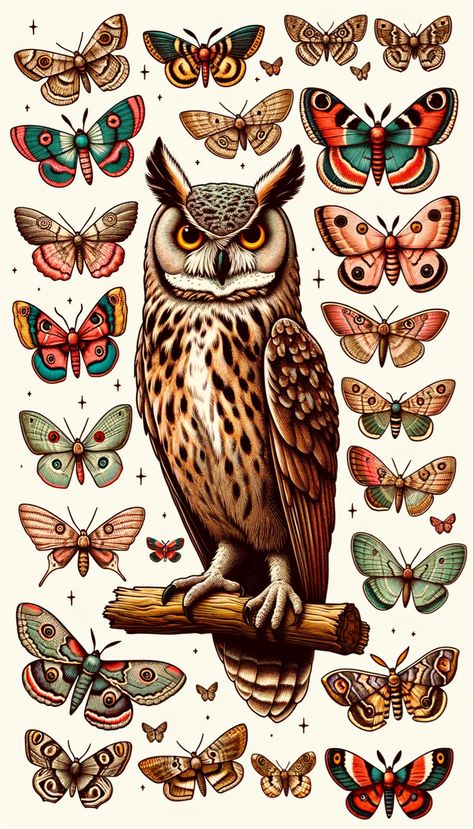 Vintage-style illustration of a detailed owl perched on a stick, its eyes gleaming with amber. Eleven colorful moths of various sizes and patterns surround the owl, with some resting on its wings and back, and others fluttering nearby, creating an enchanting wildlife scene. Vintage Owl Illustration, Moth Illustration Vintage, Moth Artwork, Art Deco Bird, Bar Lounge Design, Moth Illustration, Owl Illustration, Owl Eyes, Butterfly Illustration