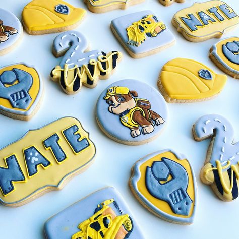 Rubble Paw Patrol Cookies, Rubble On The Double Party, Rubble Cupcake, Rubble And Crew Birthday Cake, Paw Patrol Rubble Birthday Party, Rubble And Crew Birthday Party, Rubble Paw Patrol Party Ideas, Rubble And Crew Birthday, Rubble Birthday Party