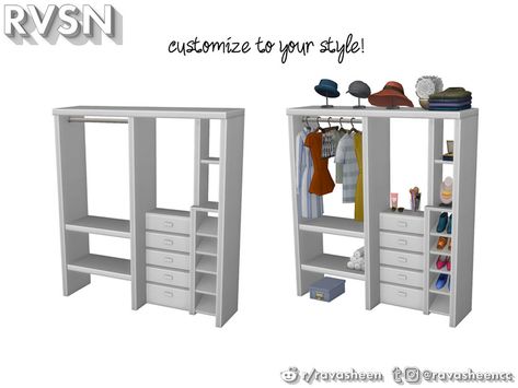 RAVASHEEN's Hang Around Closet Set Sims4 Cc Closet, Closet Furniture, Closet Clutter, Resource Furniture, The Sims 4 Packs, Open Closet, Sims Building, Sims 4 Dresses, Quote Decor