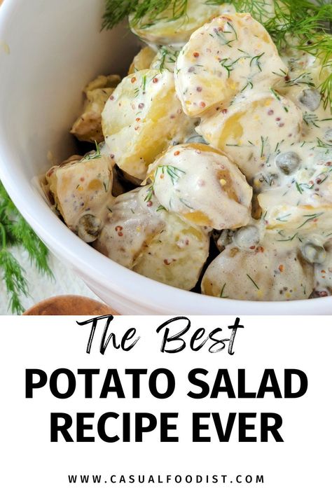 This  Creamy Mustard Dill Potato Salad is the best Potato Salad recipe for summer! This salad is quick and simple , the perfect side dish for summer cookouts. This easy potato salad comes together in minutes and is great side dish for bbq, potlucks, picnics and July Fourth .Simple and delicious this  potato salad is perfect side dish for grilled chicken, fish or steak. The best Mustard DIll Potato Salad recipe. www.casualfoodist.com Red Skin Potato Salad, Dill Potato Salad, Dill Potato, Potatoes With Bacon, Potato Salad Dill, Best Potato Salad Recipe, Homemade Potato Salads, Dill Potatoes, Red Potato Salad