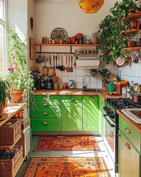 Hippie Kitchen, Vintage Maximalist Decor, Maximalist Kitchen, 1970s House, Colourful Kitchen, Bohemian Kitchen, Decor 2024, Green Cabinets, Maximalist Decor