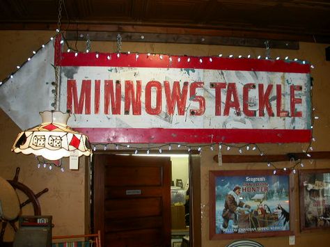 A great vintage Bait Shop sign! Industrial Signs, Bait Shop, Man Cave Lighting, Nature Party, Fishing Shack, Fishing Cabin, River Float, Tackle Shop, Family Cabin