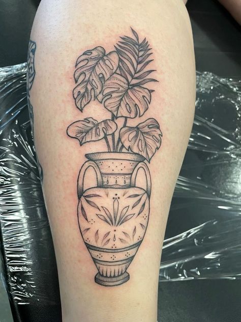 Greece Tattoo, Vase Tattoo, Lovely Tattoo, Cupid Tattoo, Organic Tattoo, Vase Plant, Plant Tattoo, Calf Tattoo, Classy Tattoos