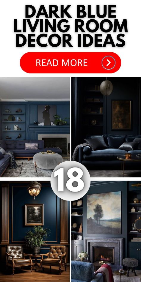 Enhance your living area with the elegance of a dark blue couch. Our design insights help you achieve a stylish and harmonious living room Gallery Wall On Dark Blue Wall, Navy Blue Country Living Room, Navy Living Room Decor Ideas, Living Rooms With Dark Walls, Blue Snug Room, Dark Blue Family Room, Dark Blue Couch Living Room Ideas, Blue Monochromatic Room, Dark Blue Sofa Living Room Ideas