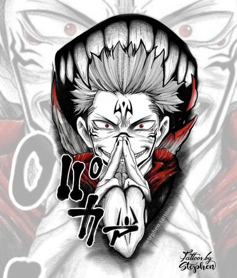 Anime, animetattoo, jujutsu kaisen, sukuna, Design Anime Stencil Tattoo, Manga Tattoo Anime, Sukuna Design, Tattoos Tiktok, Jujutsu Kaisen Sukuna, Back Drawing, Tattoo Anime, Black White Tattoos, Manga Tattoo