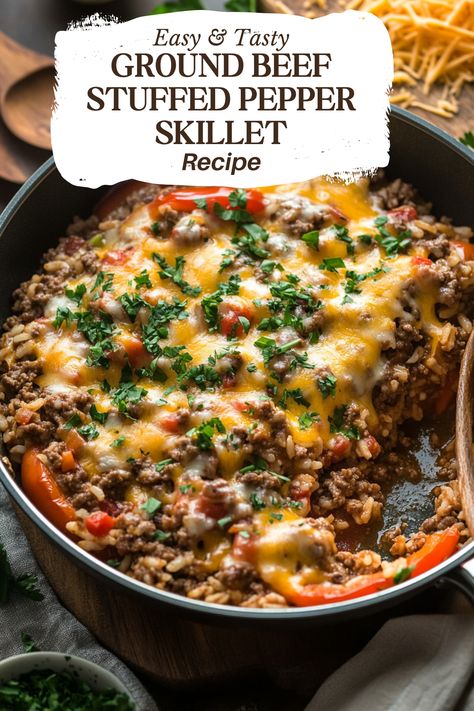 Single Pan Meals Easy Recipes, Ground Sausage Skillet Recipes, Ground Beef Pepper Steak, Health Dinner Ground Beef, Ground Beef Frozen Veggies, Hamburger Green Pepper Recipes, Stuff Green Peppers Ground Beef, Stuffed Mini Sweet Peppers Ground Beef, Ground Beef Stuffed Pepper Skillet