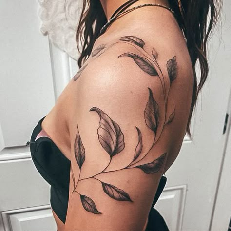 Vine Shoulder Tattoo, Shoulder Vine Tattoo, Wrap Around Wrist Tattoos, Ivy Tattoo, Shoulder Cap Tattoo, Mastectomy Tattoo, Rib Tattoos For Women, Fern Tattoo, Wrap Tattoo