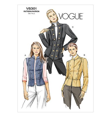 Out of print Vogue V8301 Military Jacket and Vest -- dammit! i can't find this pattern anywhere & i really want it. :-( Susan Ivanova, Military Jacket Pattern, Military Style Jacket Womens, Prompto Argentum, Peplum Coat, Jacket Sewing Pattern, Uniform Style, Jacket Sewing, Vogue Sewing