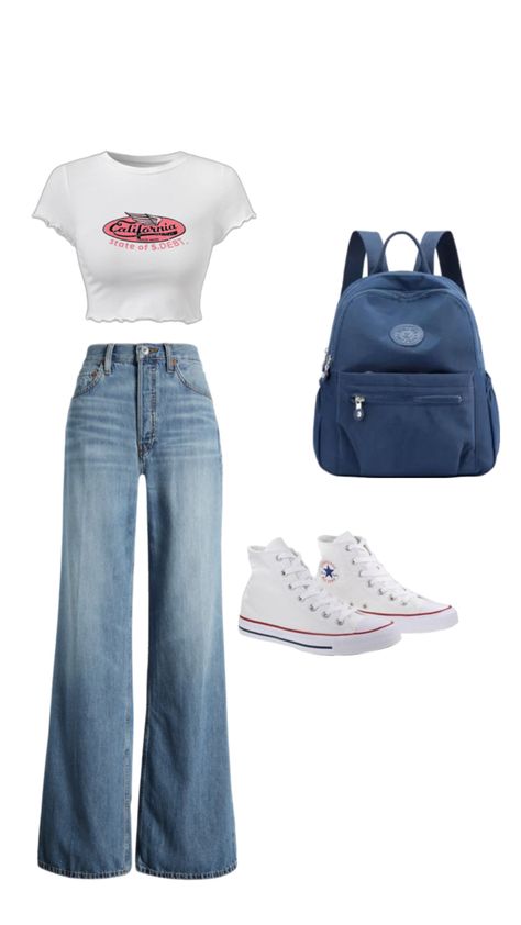 Blue wide leg jeans, blue jeans, white crop top, white top, white converse sneakers, converse, blue backpack, college outfit, back to school outfits, whit casual outfit Outfits White Converse, Aesthetic Outfits White, Cute Basic Outfits For School, Casual College Outfit, Converse Backpack, Outfits For School Casual, Converse Fits, Outfits Minimal, White Converse Outfits