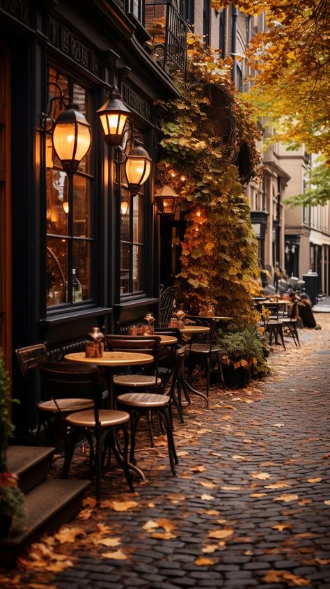 Outdoor upscale coffeeshop on a cobblestone street in New York City during autumn Brand Exploration, Cobblestone Street, Coffee Shop Aesthetic, Autumn In New York, New York Aesthetic, Cozy Cafe, Autumn Scenes, Fall Watercolor, Autumn Days