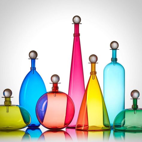 Designed to deliver joy. Jewel Bottles in bright #jeweltones. Thoughtfully crafted in PA by @thegobletninja and @josiegluck for @vetrovero.… Coloured Glass Vases, Colorful Room, Colorful Room Decor, Colored Glass Bottles, Crystal Vases, Colored Glass Vases, Genie In A Bottle, Colorful Planters, Glass Art Design