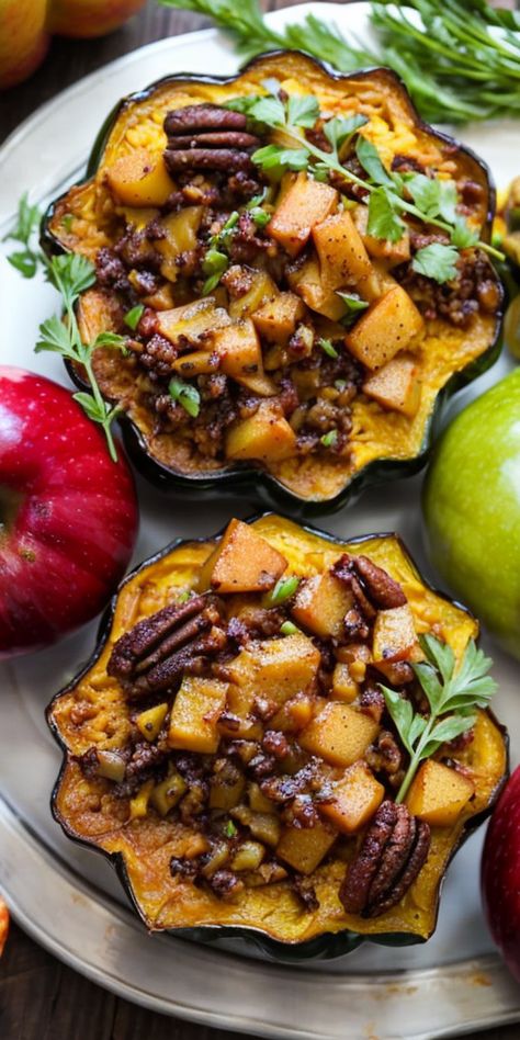 Cozy up with our Delicious Apple Stuffed Acorn Squash! A perfect fall recipe bursting with seasonal flavors. Easy, healthy, and ideal for autumn dinners. 🍎🍂 #FallRecipes #StuffedSquash #HealthyEating Stuffed Acorn Squash With Apples, Apple Stuffed Acorn Squash Recipes, Veggie Stuffed Acorn Squash, Acorn Squash With Maple Syrup, Savory Apple Recipes Vegetarian, Acorn Squash With Sausage And Apples, Vegetarian Stuffed Acorn Squash Recipes, Baked Stuffed Acorn Squash Recipes, Acorn Squash Baked Stuffed