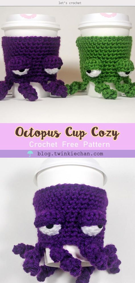 Crochet Grumpy Octopus Coffee Cup Cozy Free Pattern Cup Cozy Sewing Pattern Free, Twisted Cup Cozy Crochet Pattern, Halloween Cup Cozy Crochet, Crochet Cup Cosy Free Pattern, Mug Crochet Cozy Pattern, Crochet Cup Holder Free Pattern, Crocheted Cup Cozy, Cup Cozy Crochet Pattern Free, Cup Cozy Crochet