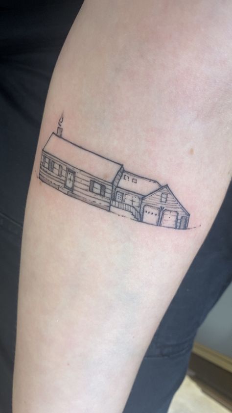 Small House Tattoo, Baker Tattoo, Building Tattoo, Tattoo House, Tattoo Meaningful, Lake Tattoo, House Tattoo, Fine Line Tattoo, Tattoo Design Book