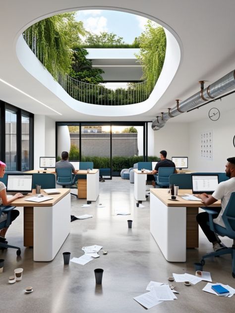 A contemporary open-concept office featuring sleek desks, ergonomic chairs, and a lush green skylight. Despite the stylish design, scattered papers and coffee cups on the floor suggest a busy or chaotic work environment.

Hashtags:

#ModernOffice #WorkplaceDesign #OfficeAesthetics #MessyDesk #GreenWorkspace Open Concept Office, Sleek Desk, Messy Desk, Collaboration Space, Workplace Design, Ergonomic Chair, Work Environment, Modern Office, Open Concept