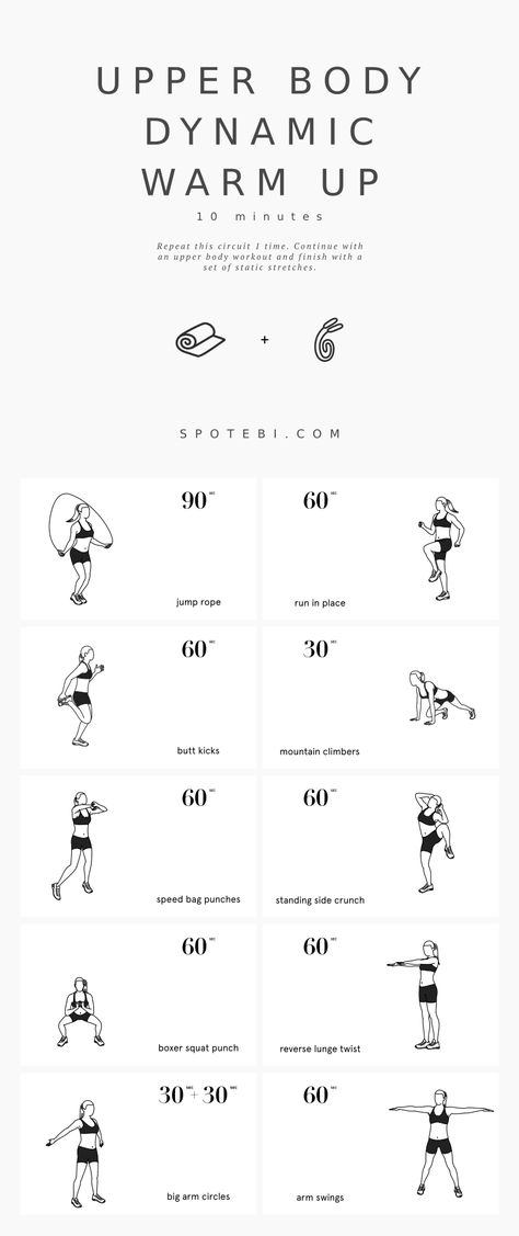 Try this quick warm up routine next time you want to prepare for an upper body workout. A 10 minute set of dynamic exercises to help improve your flexibility, boost your metabolism, and prevent injury. https://www.spotebi.com/workout-routines/upper-body-dynamic-warm-up-exercises/ Upper Body Warmup At Gym, Dynamic Stretching Warmup Upper, Dynamic Stretches For Arms, Arm Warmup Exercises, Warm Up For Upper Body Workout, Dynamic Upper Body Warm Up, Upper Body Dynamic Stretches, Arm Warm Up Exercises, Upper Body Warm Up Exercise